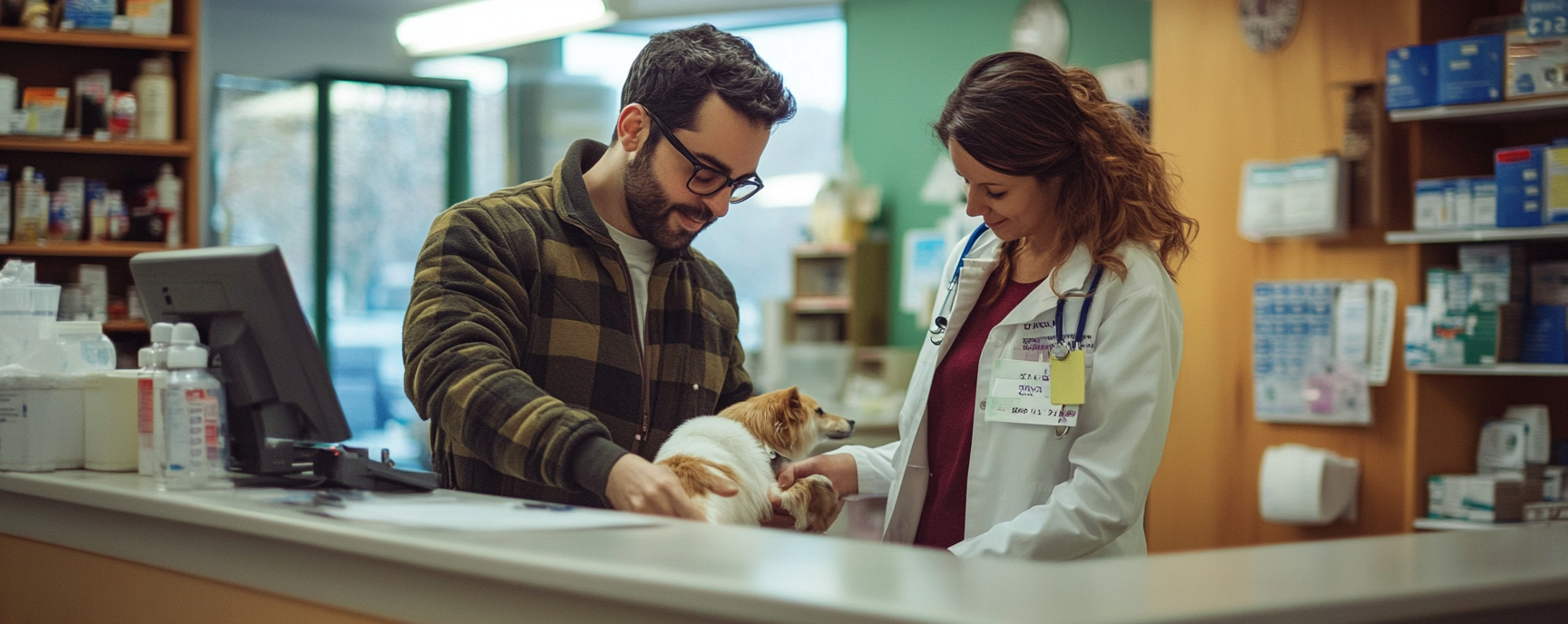 Dog at counter of vet office with veterinarian in background