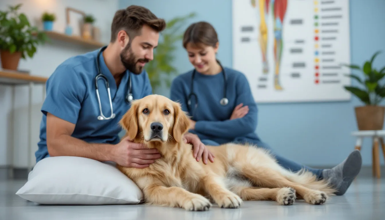 A veterinarian examining a dog with sudden hind leg weakness.