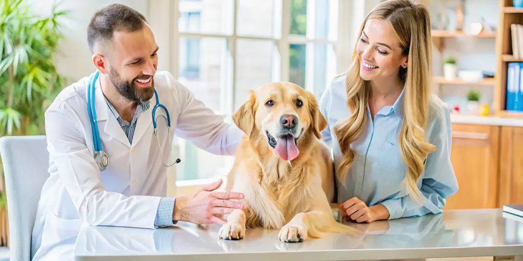 Clinician with pet owner and dog
