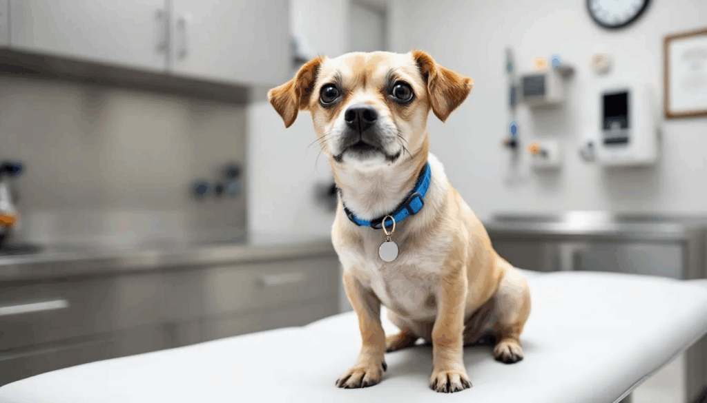 A small West Highland White Terrier is sitting at the vet, visibly anxious, with its back legs shaking. The dog's legs shake slightly, indicating possible stress or anxiety while waiting for veterinary attention.