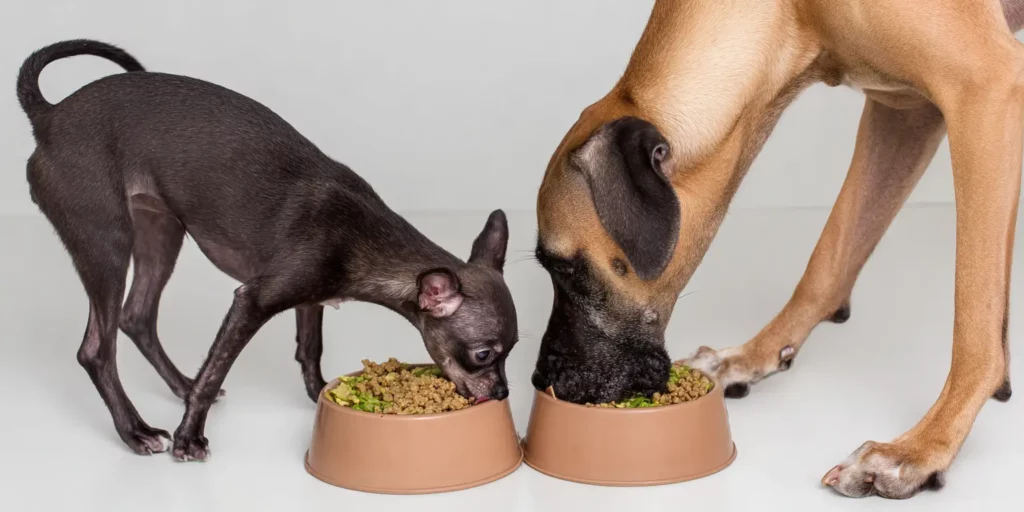 Chihuahua and Great Dane Eating