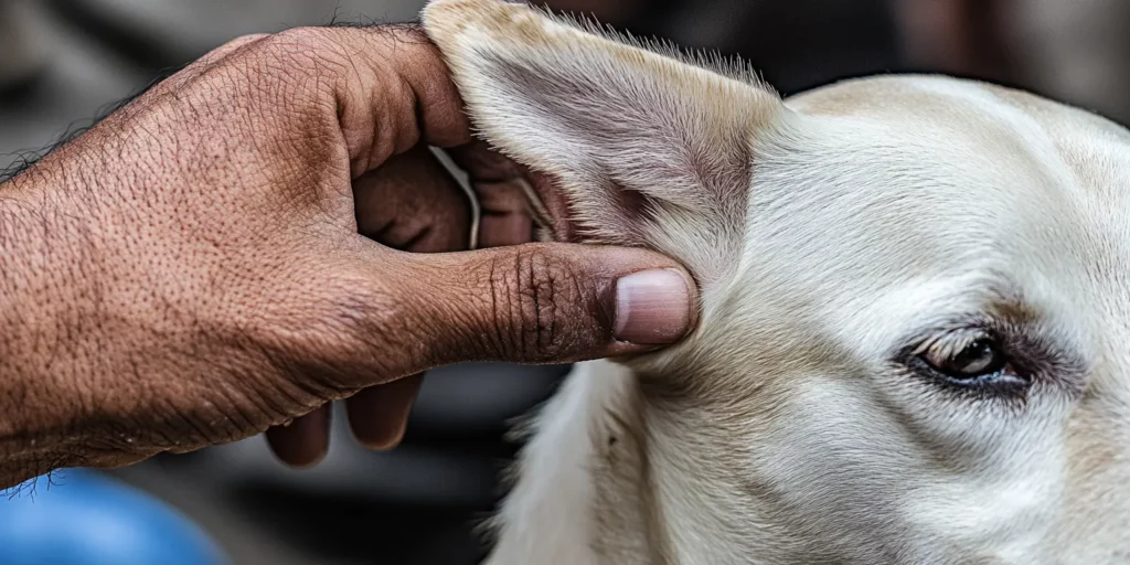 front view of hand scratching dog ear