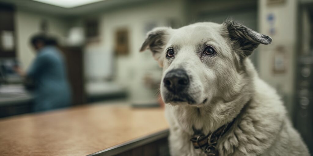 Senior dog looking away from camera