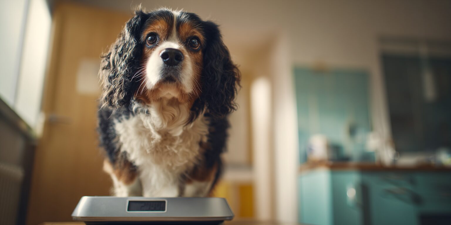 A dog stands on a veterinary scale being weighed, highlighting the importance of weight management in supporting joint health and managing arthritis pain in dogs. The scale measures the dog's body weight, which is crucial for developing a personalized treatment plan for conditions like degenerative joint disease.