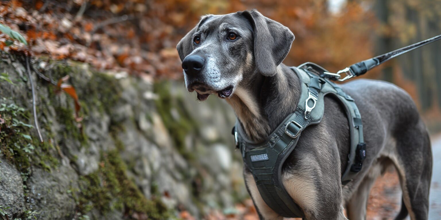 A large breed dog is seen wearing a supportive harness while walking on a leash, which helps manage neck pain and provides stability for its cervical spine. This harness is particularly beneficial for dogs experiencing neck problems, ensuring their overall well-being during walks.