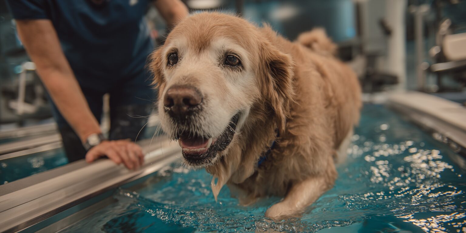 A dog is walking slowly on an underwater treadmill, assisted by a therapist, to help manage arthritis pain and improve joint mobility. This physical therapy session aims to support joint health and relieve discomfort in arthritic joints.