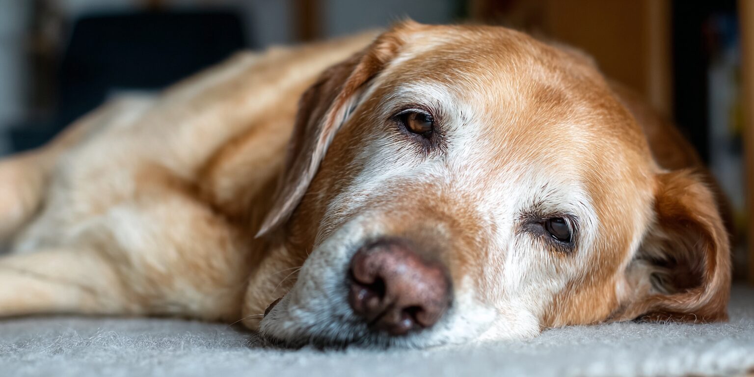 A senior golden retriever lies comfortably on a supportive dog bed, showcasing its relaxed demeanor. This image highlights the importance of joint health and pain relief for arthritic dogs, emphasizing the need for effective arthritis treatment options.