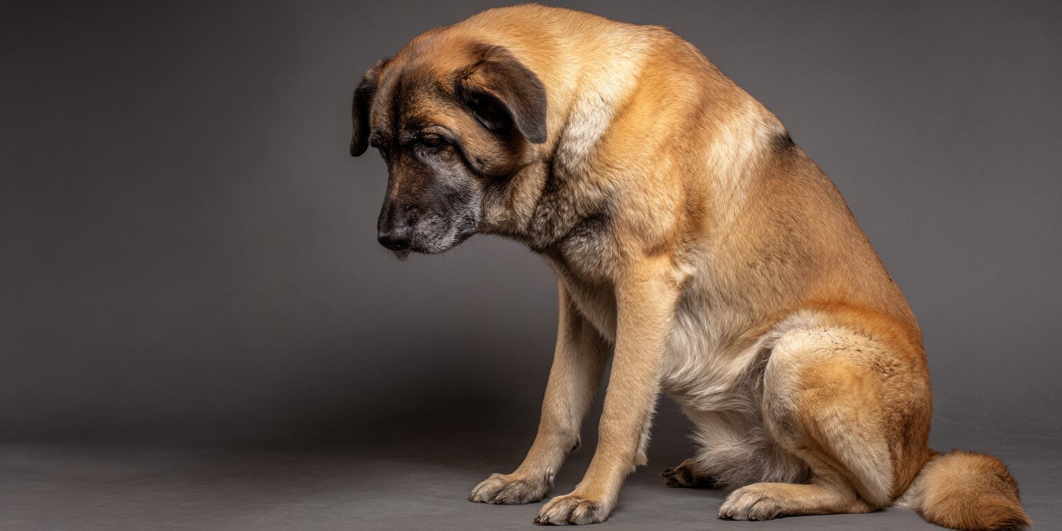 A large breed dog is sitting rigidly with its head held low and back slightly arched, displaying signs of discomfort that may indicate severe neck pain or spinal issues. This posture could suggest the dog is experiencing muscle spasms or other symptoms related to cervical disc disease.