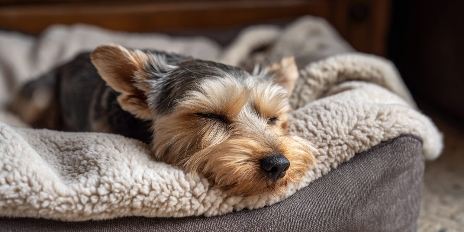 A small dog is resting comfortably on an orthopedic bed, covered with a soft blanket, providing support for its neck and back. This cozy setup can help manage neck pain in dogs, ensuring their overall well-being and comfort.