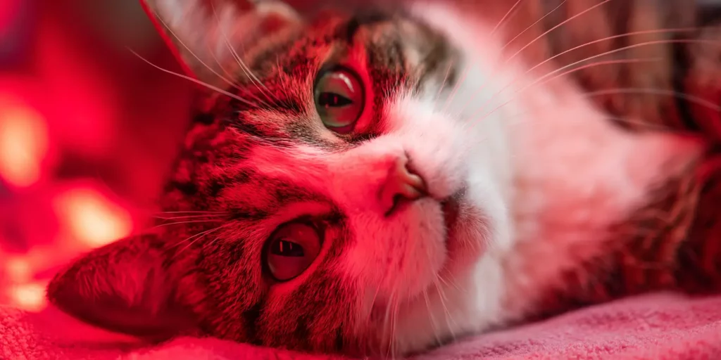 Cat in red light staring at camera