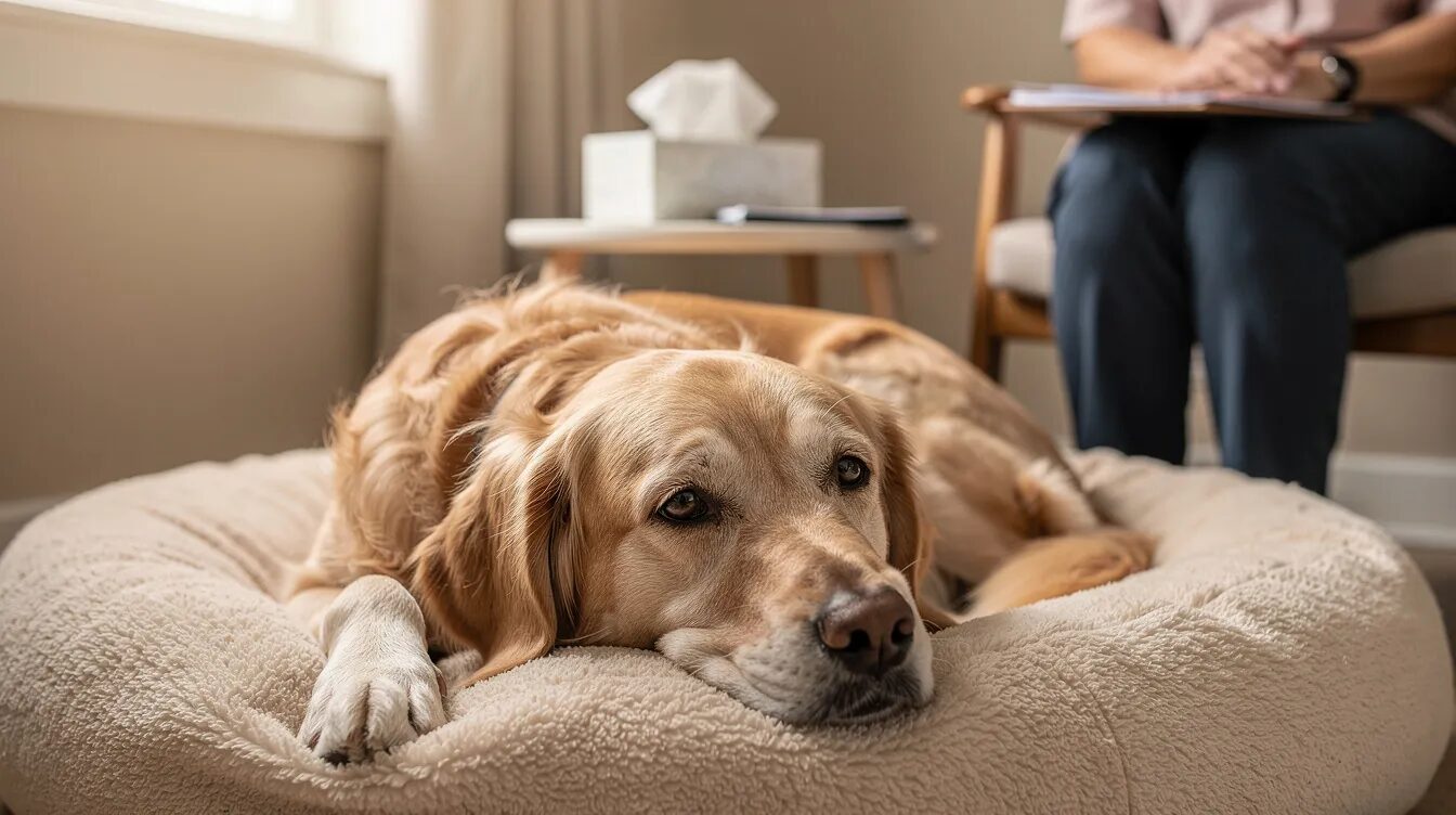 A calm senior golden retriever lies comfortably on a dog bed during a red light therapy session, showcasing the safe and effective treatment designed to support healing and relieve joint pain. This therapy utilizes light energy to stimulate cellular repair and reduce inflammation, making a huge difference in the dog's comfort and recovery process.