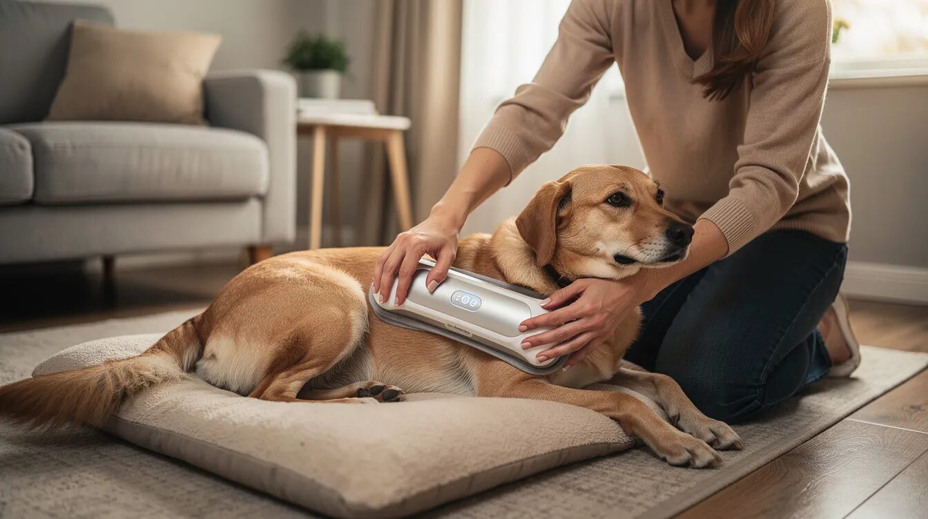 A dog owner is gently placing a red light therapy device on their dog's hip, providing a safe and effective treatment to support healing and reduce inflammation while the dog rests comfortably. This therapy session aims to stimulate cellular repair and relieve joint pain, making a huge difference in the dog's recovery process.