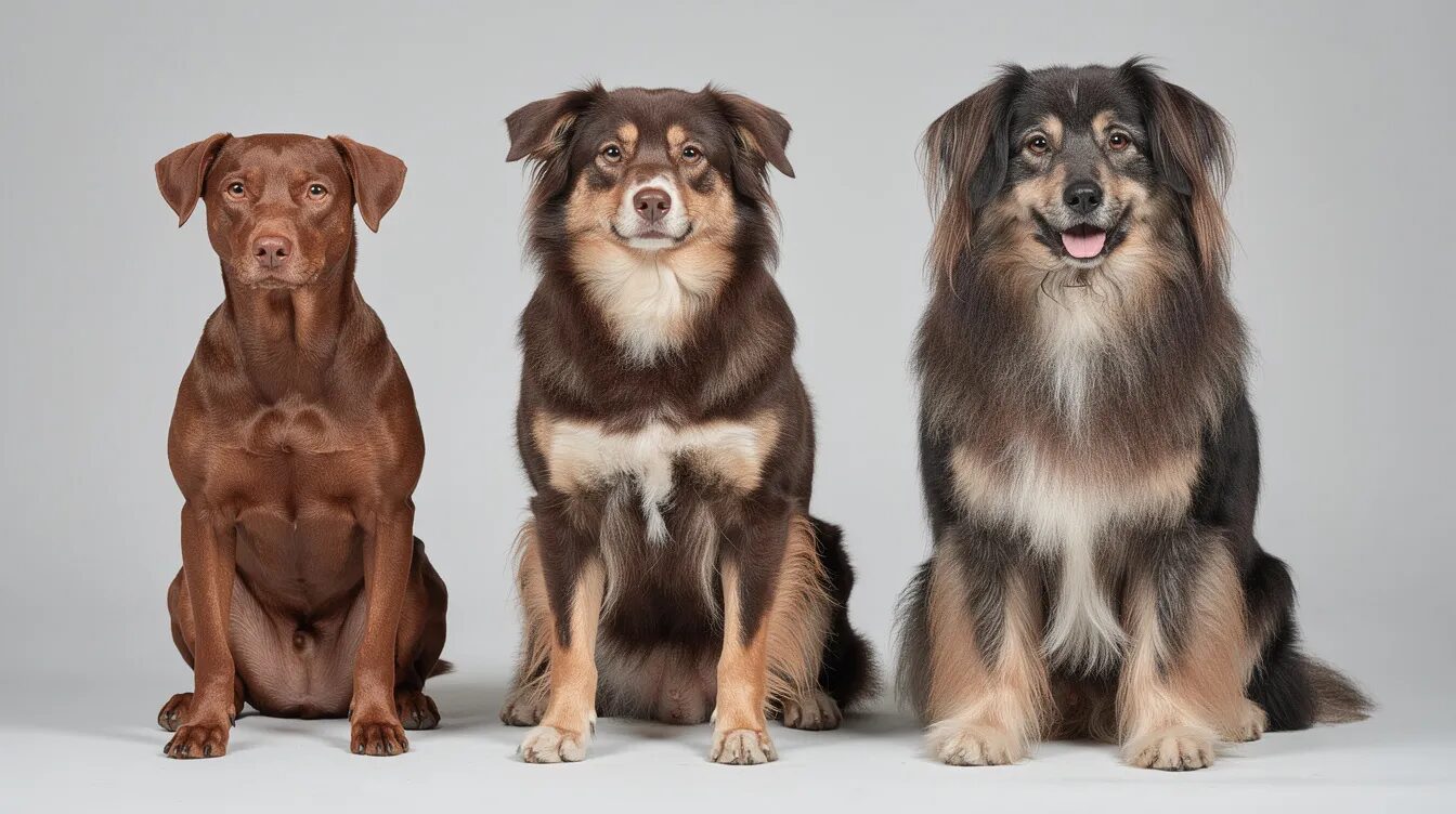 The image features three dogs with varying coat types: a short-haired dog, a medium-haired dog, and a long-haired dog, each showcasing distinct fur density. This visual representation highlights the diversity in dog breeds, which can also influence their specific health needs, such as the use of red light therapy devices for healing and pain relief.