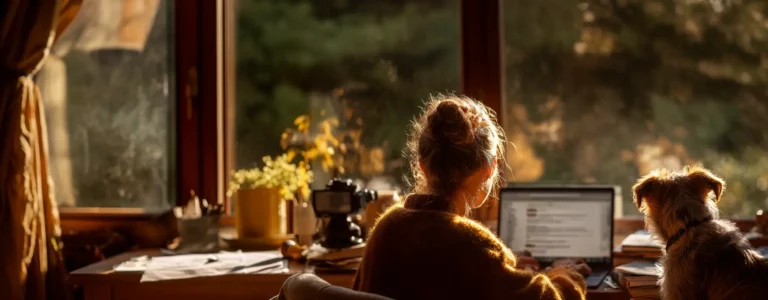 Woman and dog reading product reviews
