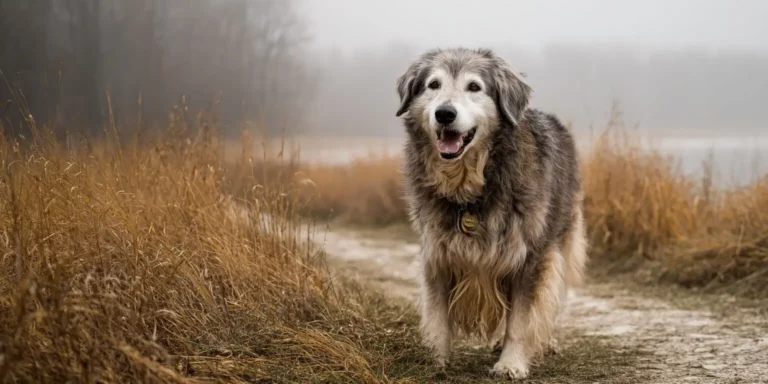 dog in field on rainy day
